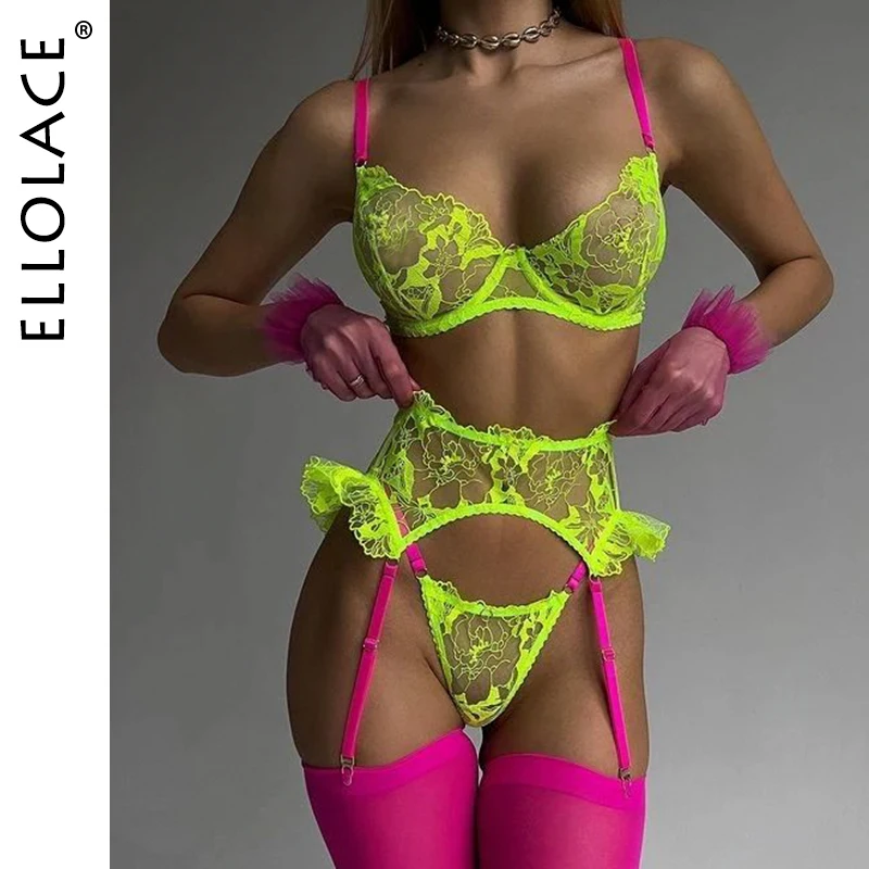 

Ellolace Neon Lingeries For Woman Romantic Bilizna Sexy Transparent Intimate Sensual Pink Lace Bra Set Fantasy Erotic Outfits