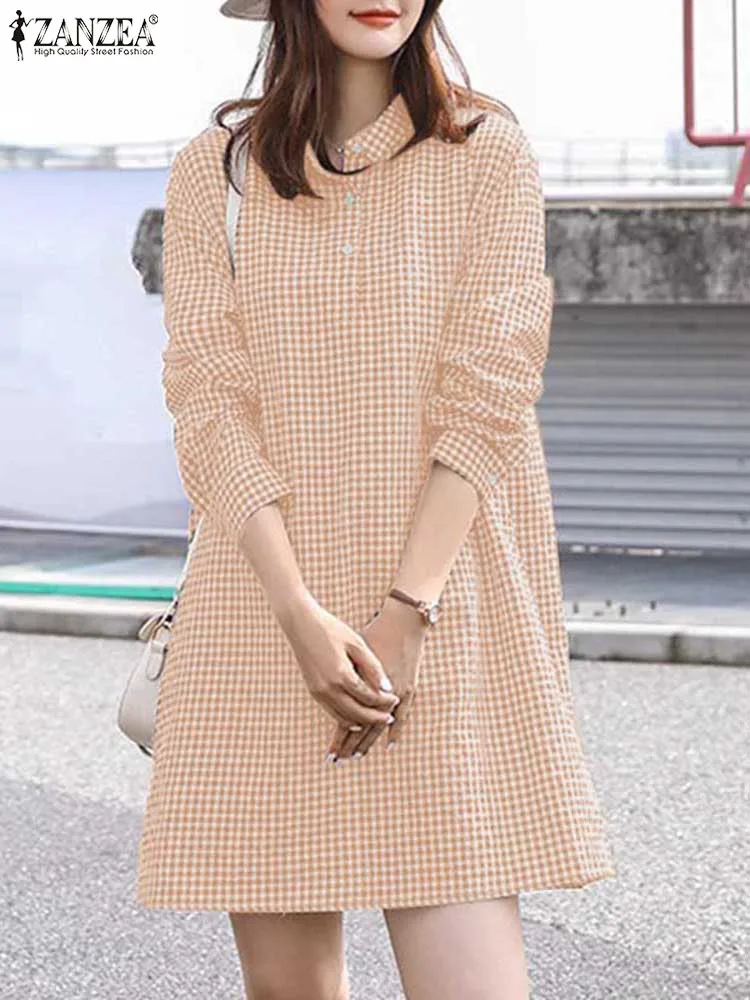 

2023 ZANZEA Fashion Autumn Plaid Checked Shirt Dress Women Lapel Neck Long Sleeve Sundress Casual Loose Work Vestido Oversize