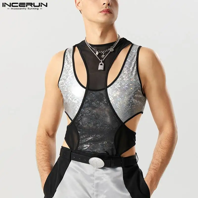 

INCERUN 2023 Sexy Style New Men's Jumpsuits Laser Element Mesh Deconstructed Design Spliced Sleeveless Triangle Bodysuits S-5XL