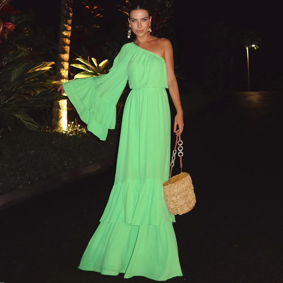 One Shoulder Light Green Chiffon Dress Floor Length Evening Dress With Trumpet Sleeves Open Back Ruffled Prom Dress For Event
One Shoulder Light Green Chiffon Dress Floor Length Evening Dress With Trumpet Sleeves Open Back Ruffled Prom Dress For Event