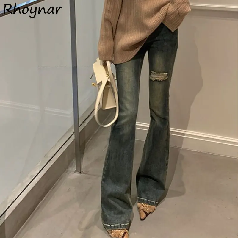 

Denim Flare Jeans Women Graceful Chic Autumn Streetwear Vintage Washed Fashion Ladies Simple Ripped Design Ulzzang High Waist