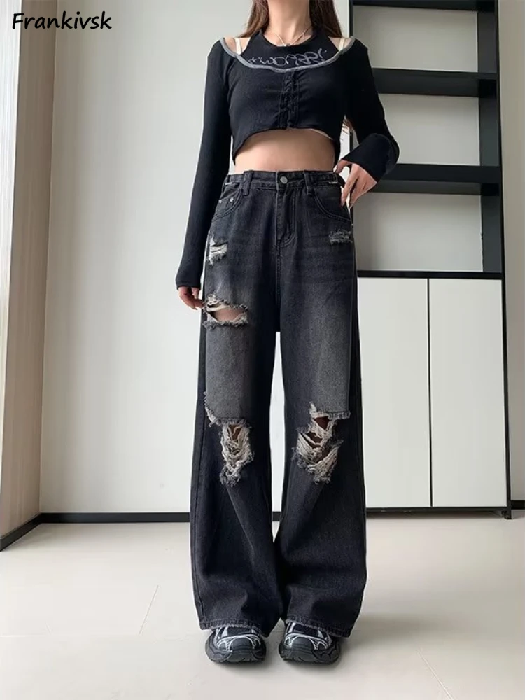 

Frayed Jeans Women Hole Wide Leg Loose Solid Full length Elegant Korean Style Streetwear Asymmetrical All-match Vintage Hotsweet