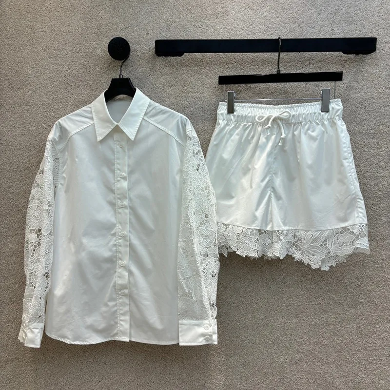 

2024 High-quality Lace Suit Temperament Simple Design Stitching Casual Long-sleeved Shirt + Elasticated Shorts Two-piece Set