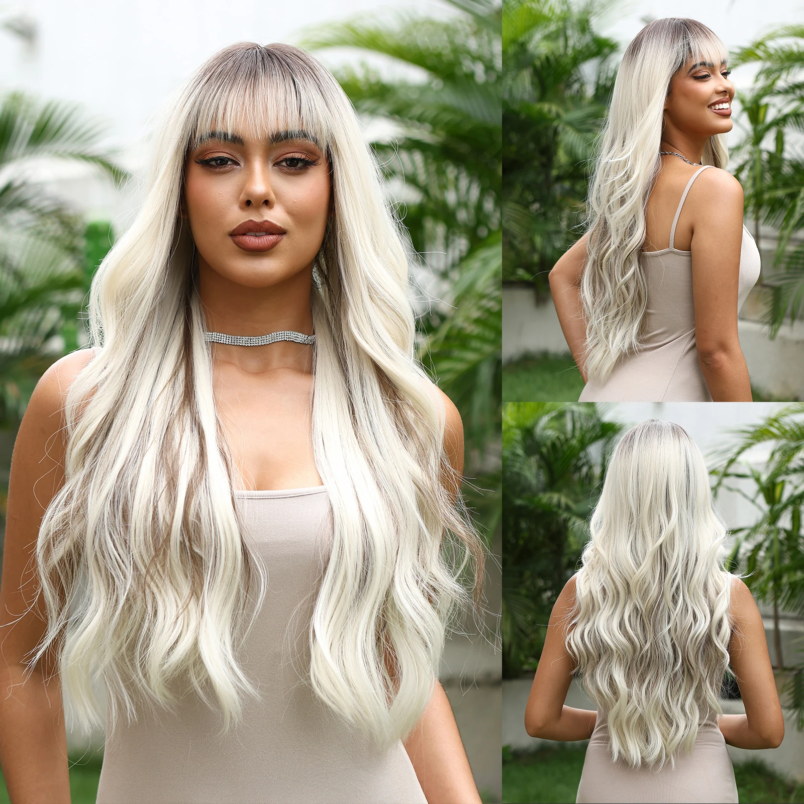 

Ombre Ash Blonde Wig Synthetic Long Wavy Curly Brown Highlight with Bangs for Women Cosplay Party Natural Hair Heat Resistant