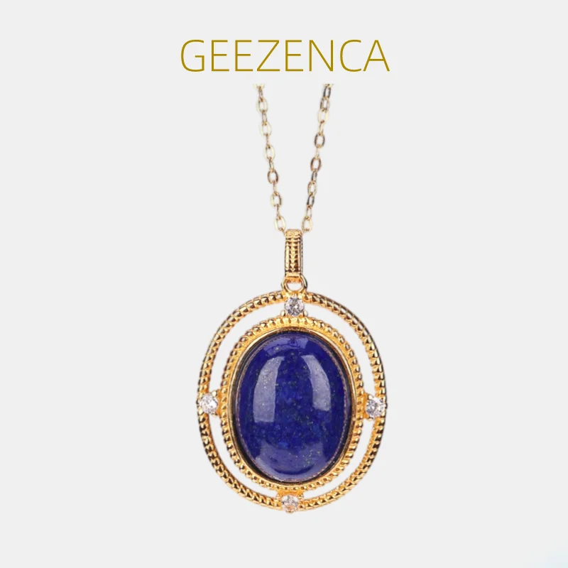 

GEEZENCA Natural Lapis Lazuli 925 Silver Necklace Pendant For Women Zircon Classic Oval Stone Pendants Without Chain 2023 New