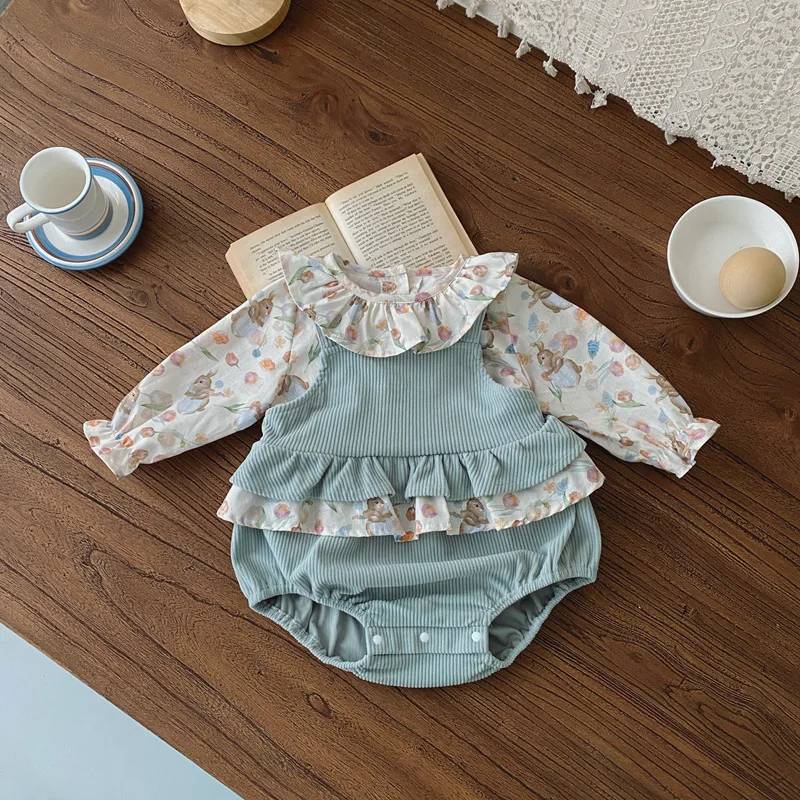 

2023 Autumn Baby Clothing Set Cartoon Bunny Shirt and Corduroy Overall 2PCS Infant Clothes Girls Suit