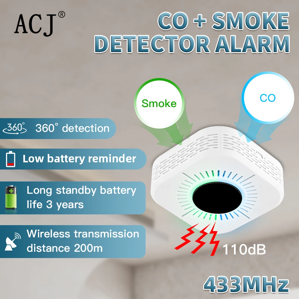 

ACJ 2 in 1 Smoke Alarm Co Carbon Monoxide Detector 433Mhz High Sensitive Composite Smoke Fire Sound Alarm For Home Security