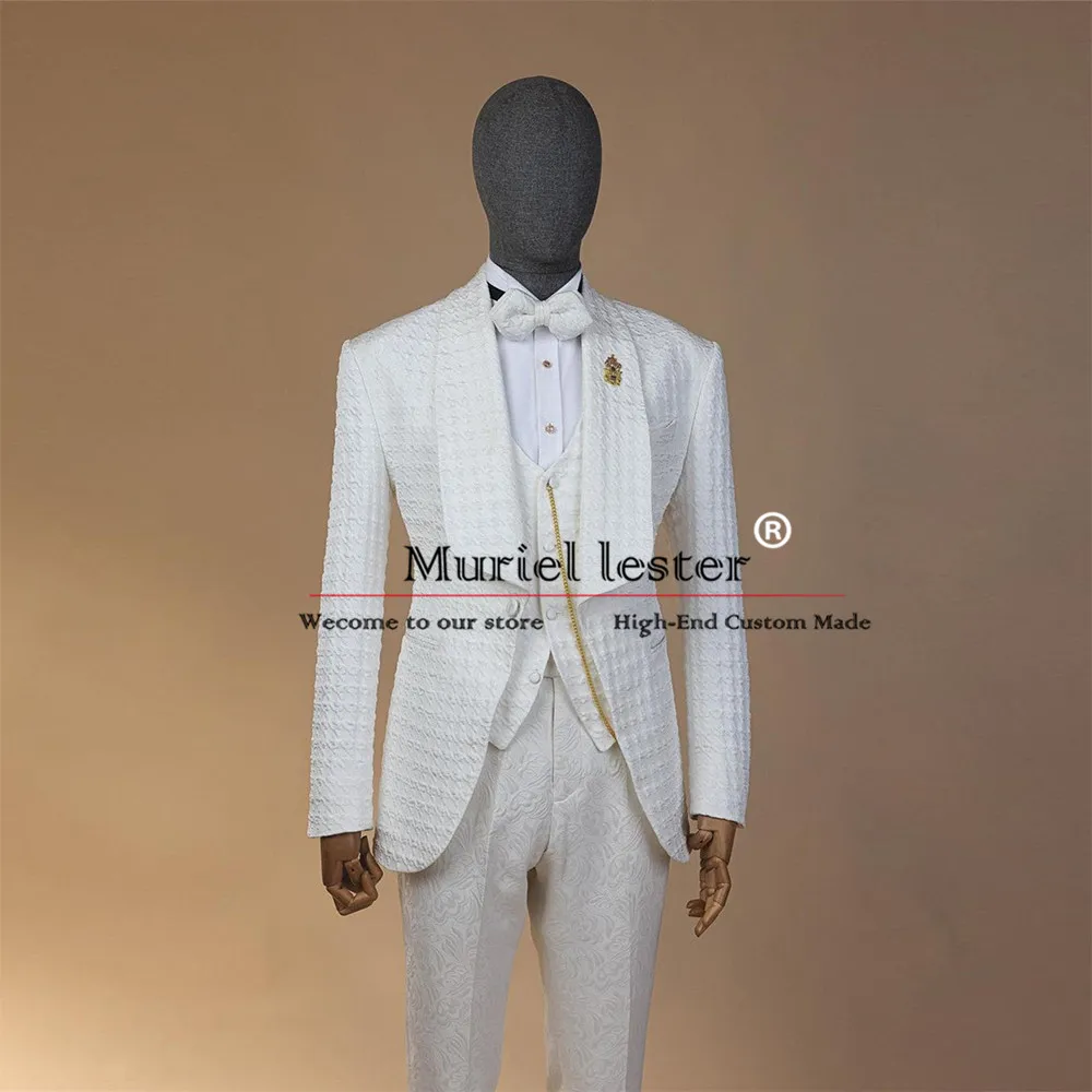 

Elegant Ivory Floral Jacquard Shawl Lapel Tuxedo Suit Slim Fit Groom Wedding Tuxedos Custom Made 3 Pieces Male Fashion Blazers
