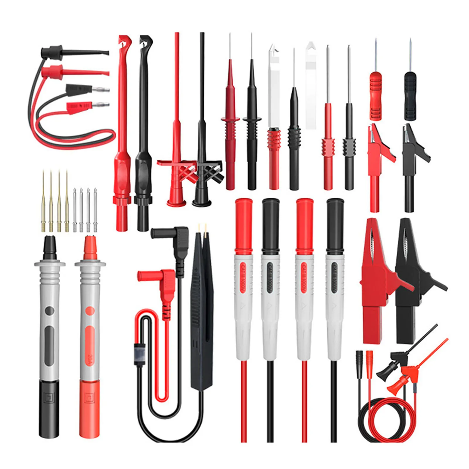 25PCS High Quality Multimeter Test Lead Kit with Alligator Clip Test Hook Wire Piercing Probe CAT III 1000V 10A
25PCS High Quality Multimeter Test Lead Kit with Alligator Clip Test Hook Wire Piercing Probe CAT III 1000V 10A