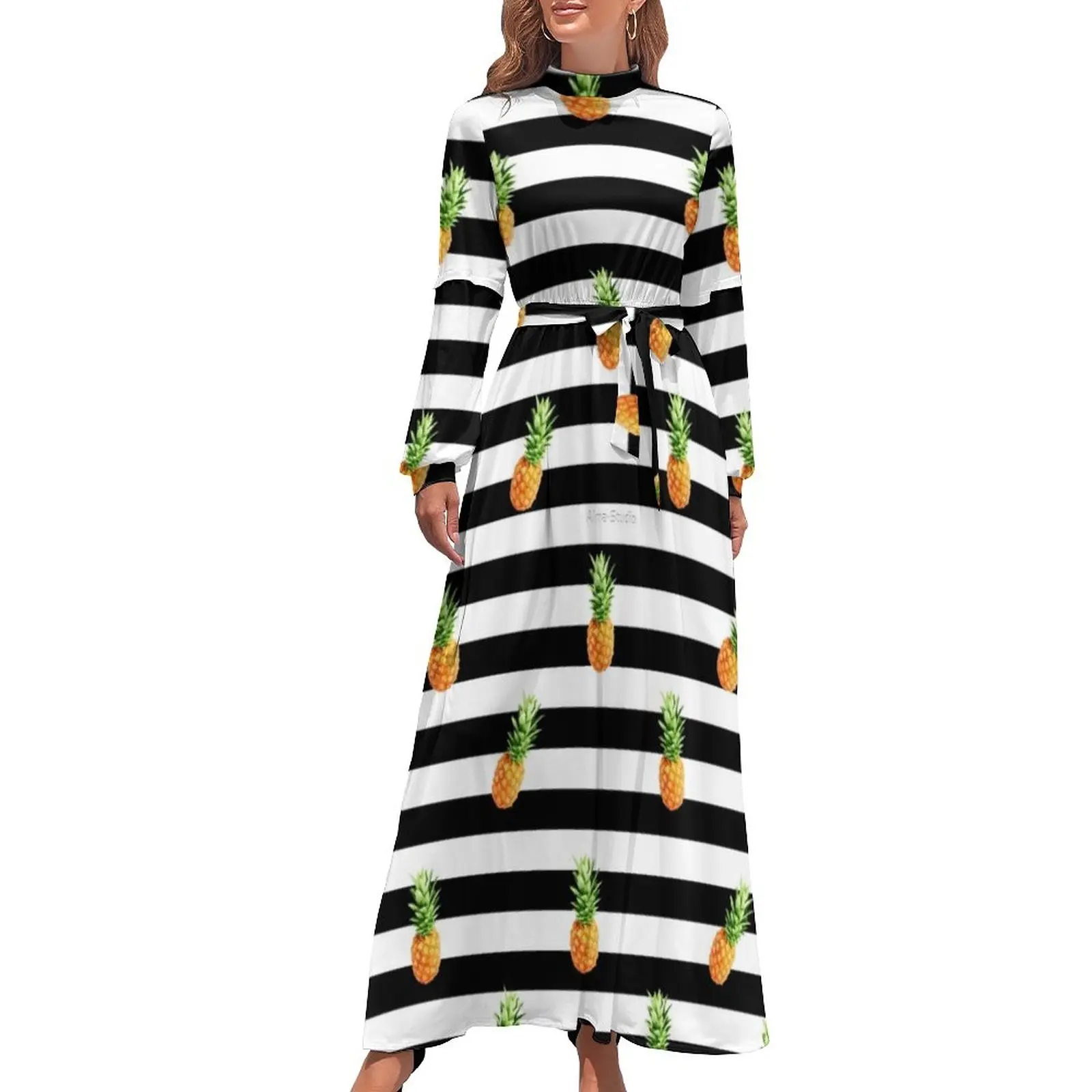 

Cute Pineapple Dress Black Stripes Print Cute Maxi Dress Street Fashion Boho Beach Long Dresses High Waist Graphic Clothes