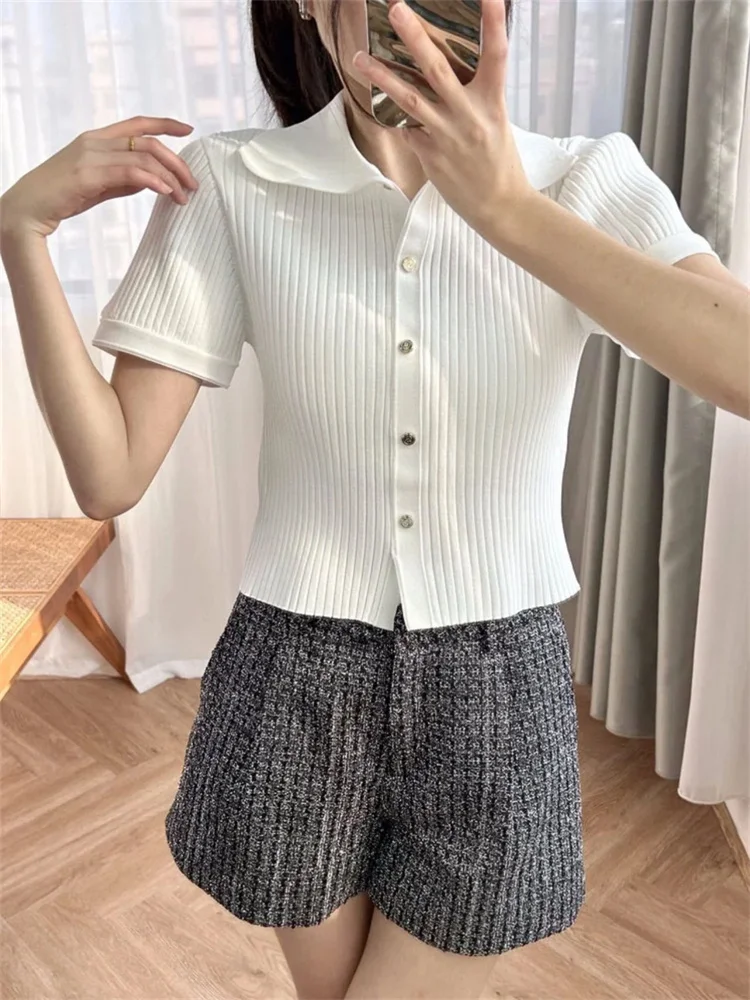 

Women White Knitted Bottoming Top Turn-Down Collar Short Sleeve Slim Fit Female Single-Breasted Pit Knit Sweater Cardigan