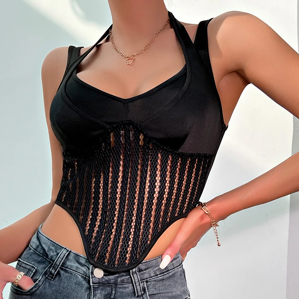 Black Mesh Neck hung Overbust Corset Bustier Top Summer Hollow Out Irregularity Tank Vest Sexy Backless Slim Crop Tops Camisole
Black Mesh Neck hung Overbust Corset Bustier Top Summer Hollow Out Irregularity Tank Vest Sexy Backless Slim Crop Tops Camisole