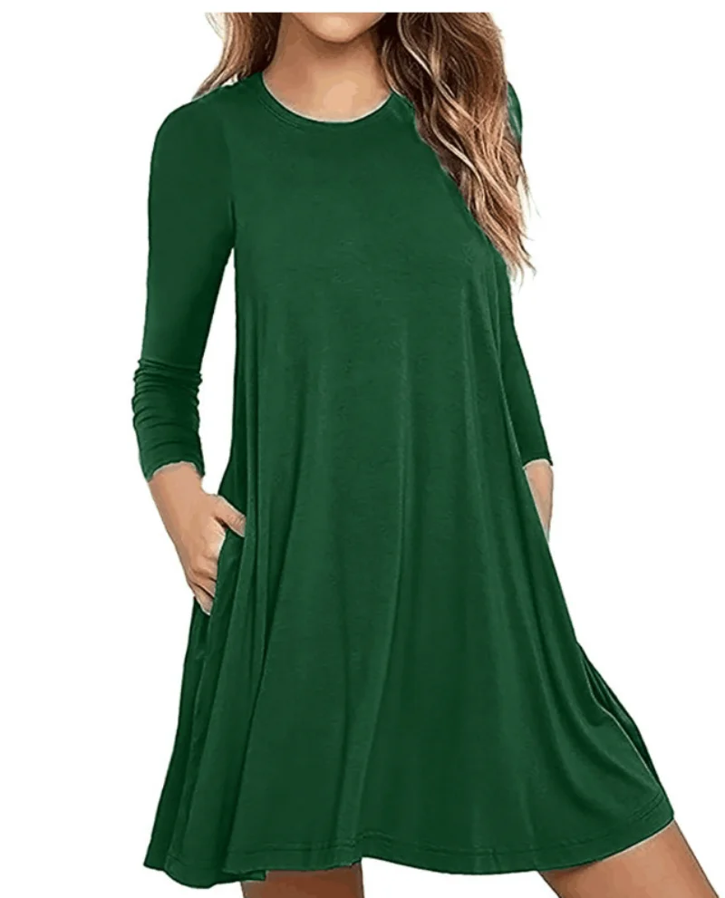 Womens Autumn Long Sleeve Round Neck Plain T-Shirt Dress Solid Color Korean Swing Casual Loose Pullover Streetwear with Pockets
Womens Autumn Long Sleeve Round Neck Plain T-Shirt Dress Solid Color Korean Swing Casual Loose Pullover Streetwear with Pockets