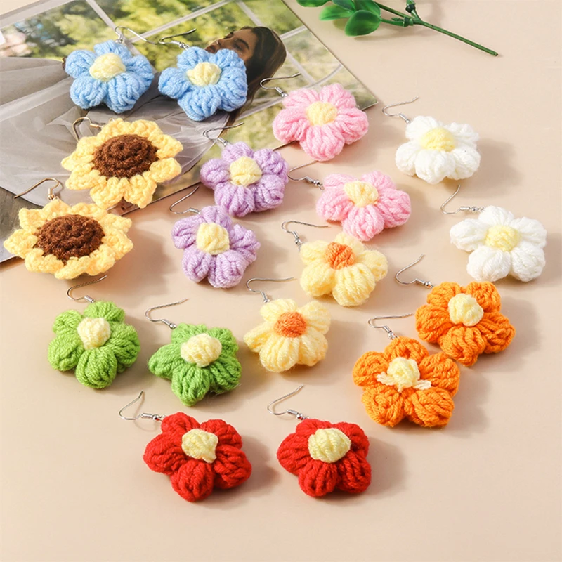 Handmade Flower Drop Earrings - Colorful Knitted Dangle Hooks for Women 3 S0defd9e08fd940db90b4582620ca667ci