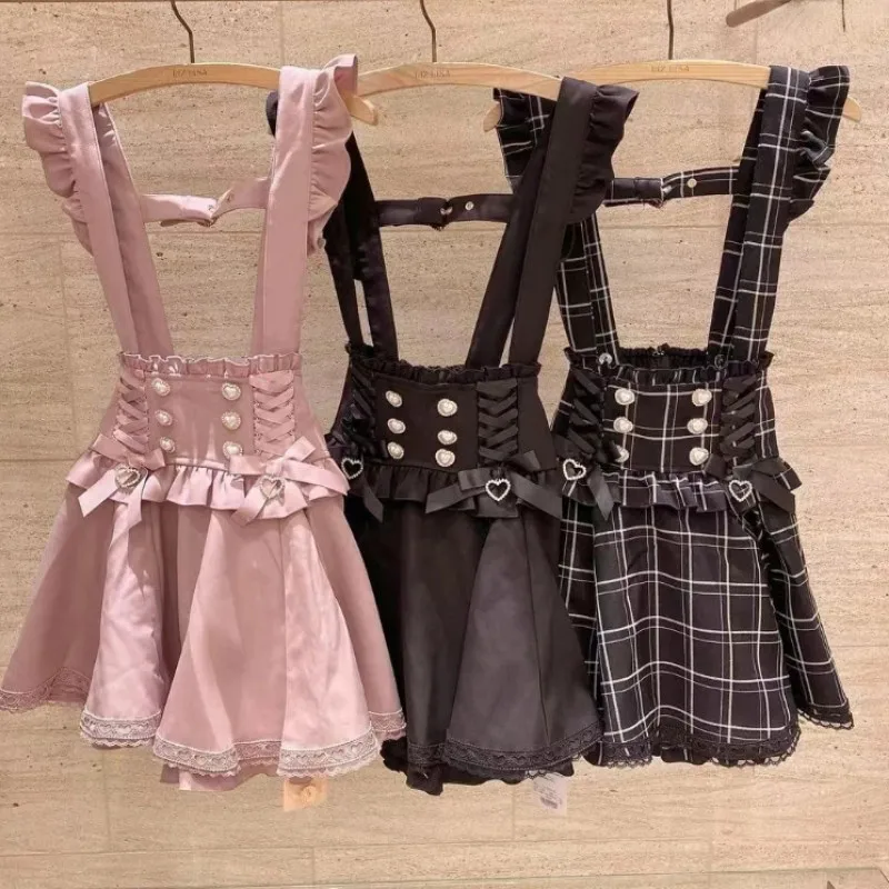 

Japanese Gothic Lolita Ribbon Bow Diamond Pearl Buckle Removable Short Suspender Skirt Girls Sweet Cute Lace A-Line Mini Skirts