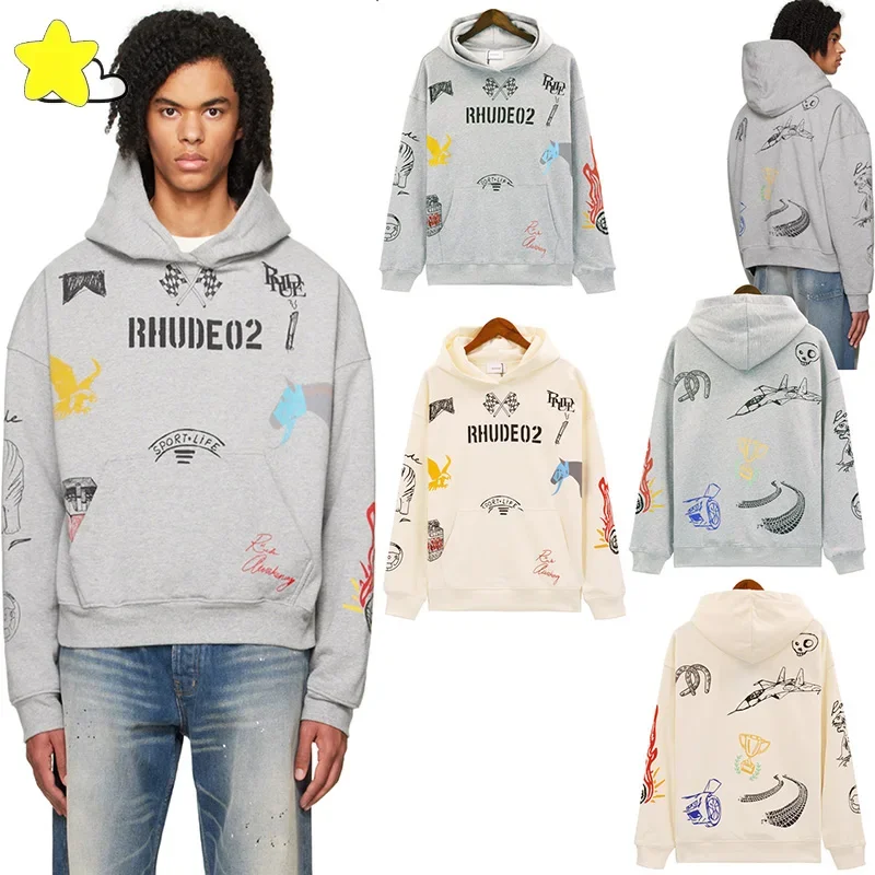 Autumn Winter High Quality 100% Cotton Pullovers Hooded Men Women Loose Full Graffiti Apricot Gray Rhude Hoodie Inside Tags
Autumn Winter High Quality 100% Cotton Pullovers Hooded Men Women Loose Full Graffiti Apricot Gray Rhude Hoodie Inside Tags
