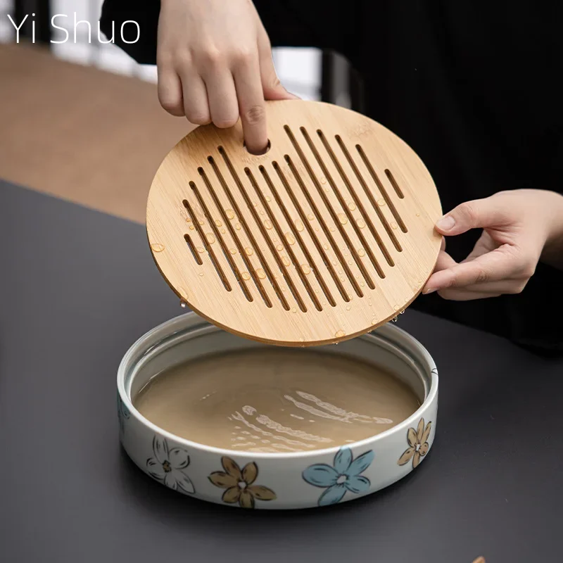 

Underglaze Japanese Cherry Blossom Bamboo Tea Table Ice Gray Manhua Ceramic Tea Tray Kung Fu Tea Set Service Tray