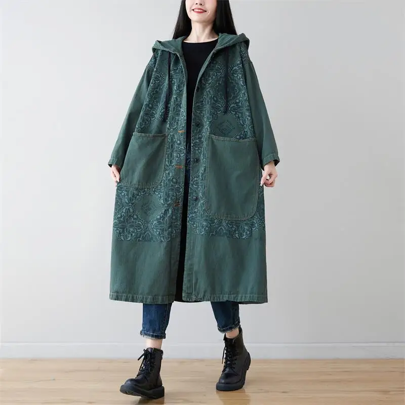 

2024 Autumn Korean Fashion Long Clothing Womens Loose Printed Hooded Trench Coats Ladies Harajuku Casual Denim Windbreakers