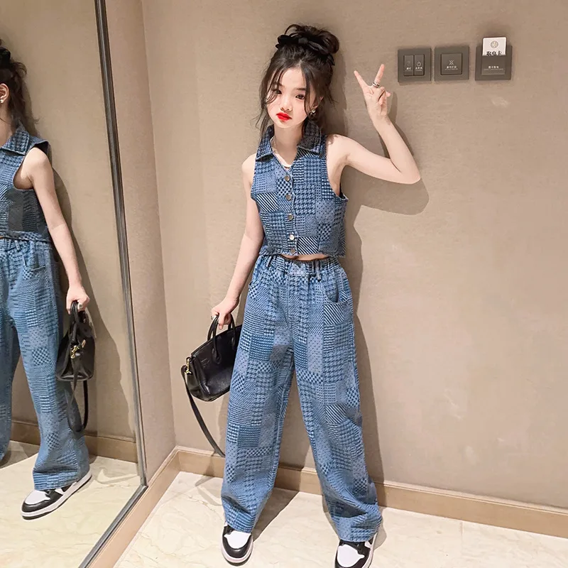 summer teenage Girls sleeveless denim suit Denim vest+wide leg jeans pants 2pcs 14 15 kids girl clothing suit childrens outfit
summer teenage Girls sleeveless denim suit Denim vest+wide leg jeans pants 2pcs 14 15 kids girl clothing suit childrens outfit