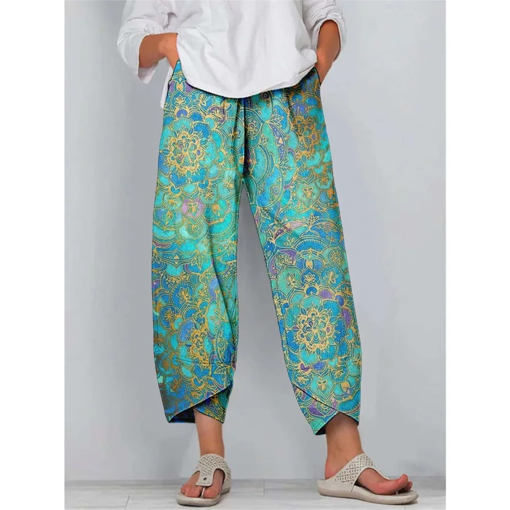 

Summer Retro Bohemia Print Pants Vintage Y2k Pants Streetwear Women Beach Trousers with Pockets Loose Capri Pantalon Chic