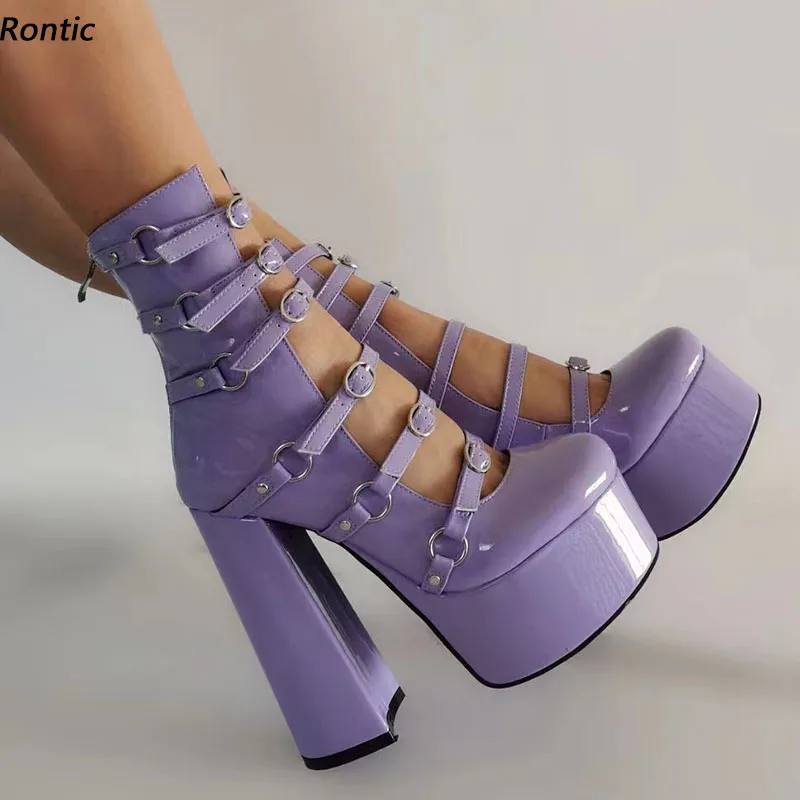 

Rontic Real Photos Women Spring Pumps Platform Patent Block Heels Round Toe Beautiful Violet Red Pink Party Shoes US Size 5-15