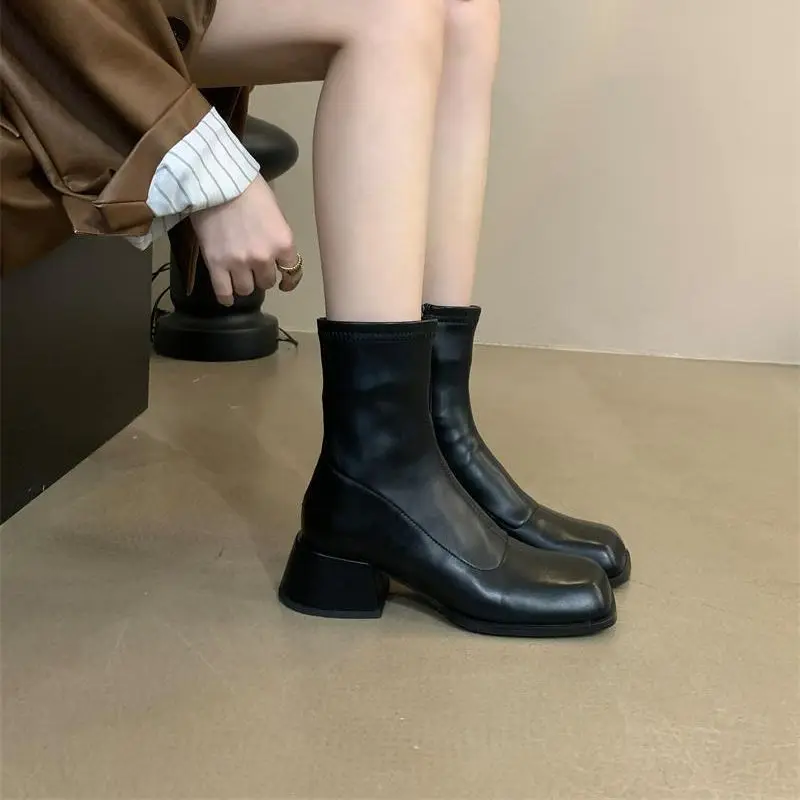 

Shoes Women's Rubber Boots Boots-Women Zipper Rain 2023 High Heel Rock Autumn Ankle Ladies Black Microfiber Fretwork PU Solid Sq