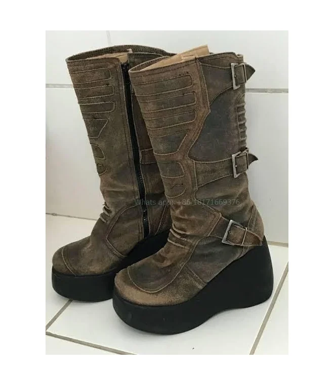 

ROME Wedges Mid-calf High Platform Buckle Boots Lady Heel Leather Sexy Gladiator Boots Knight Street Women Shoes Zip 2024