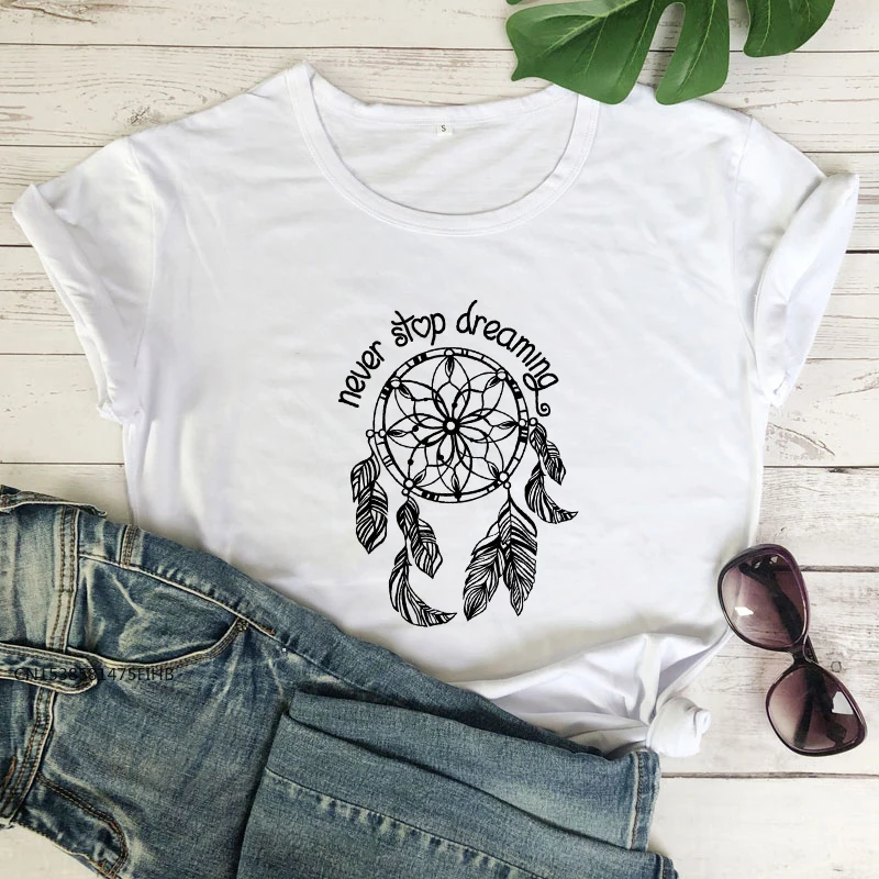 

Never Stop Dreaming T-Shirt Aesthetic Boho Dreamcatcher Tshirt Trendy Women Dream Catcher Graphic Tee Shirt Top Camiseta Premium