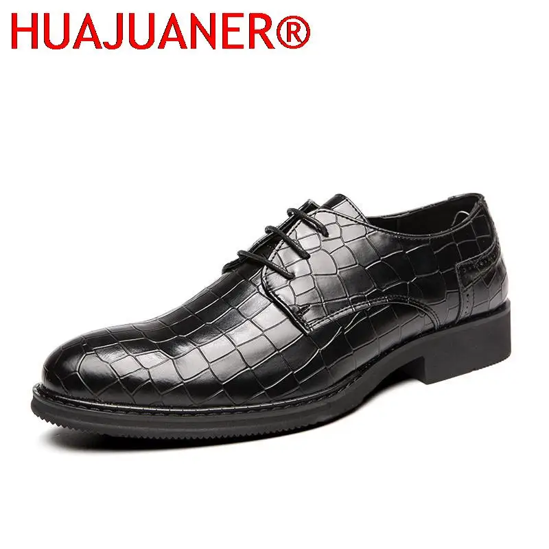 

Oxford Casual Leather Shoes Men Lace-up Solid Crocodile Pattern Derby Shoes Formal Business Shoes Pointed Toe Shoe Spring Autumn