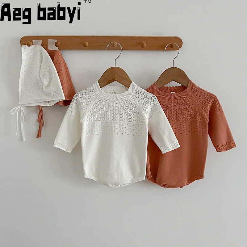 

Infants Clothes Autumn Spring New Knitted Romper Newborn Baby Girl Bodysuits Solid Color Toddlers Kids Jumpsuits +Hat Set 0-24M