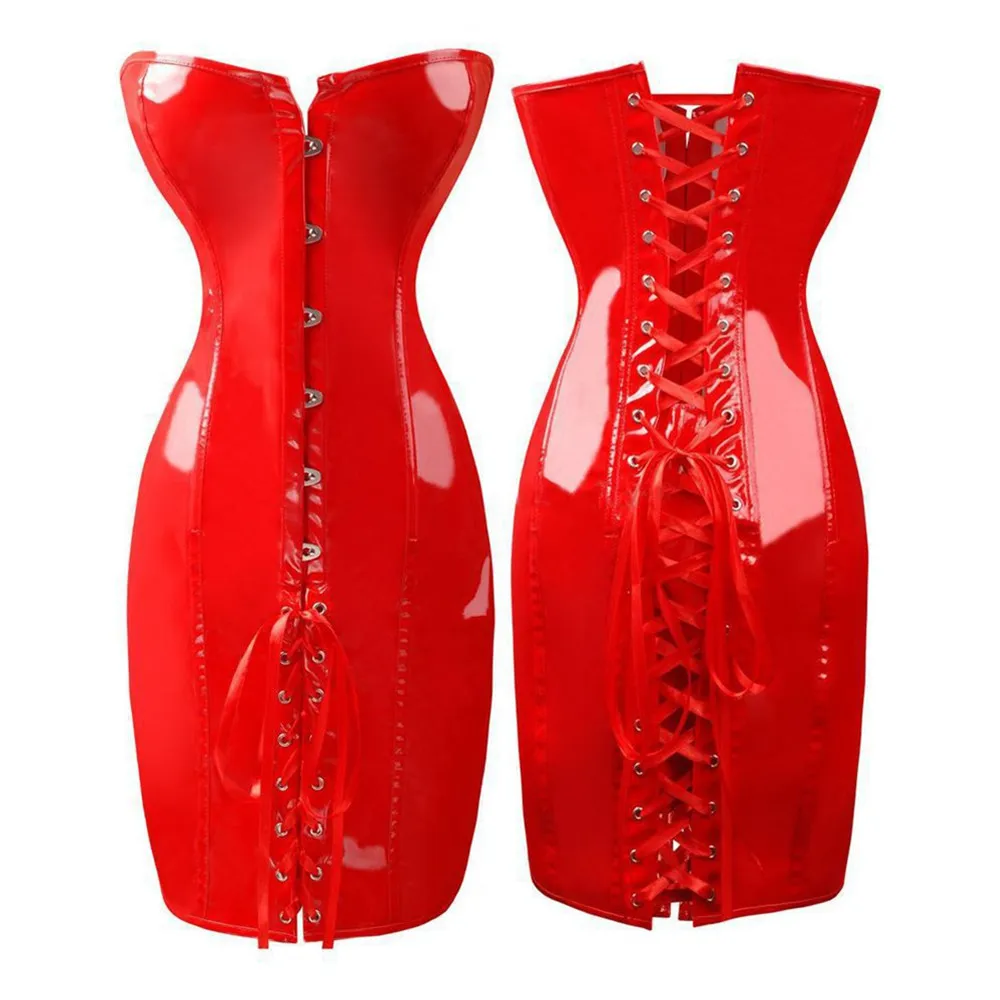 

Gothic Womens Sexy Shiny PVC Faux Leather Corset Dress Long Black Red Wetlook Latex Lace-up Body Shaper Bustiers Overbust Corset