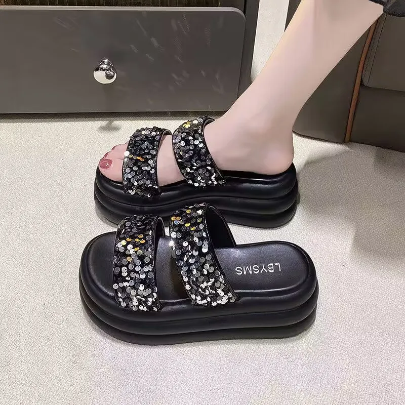 

2024 Thick Soled Sequin Slippers Summer Women Fashion Lovely Beautiful Increase Outdoor Comfort Non-Slip Light Casual