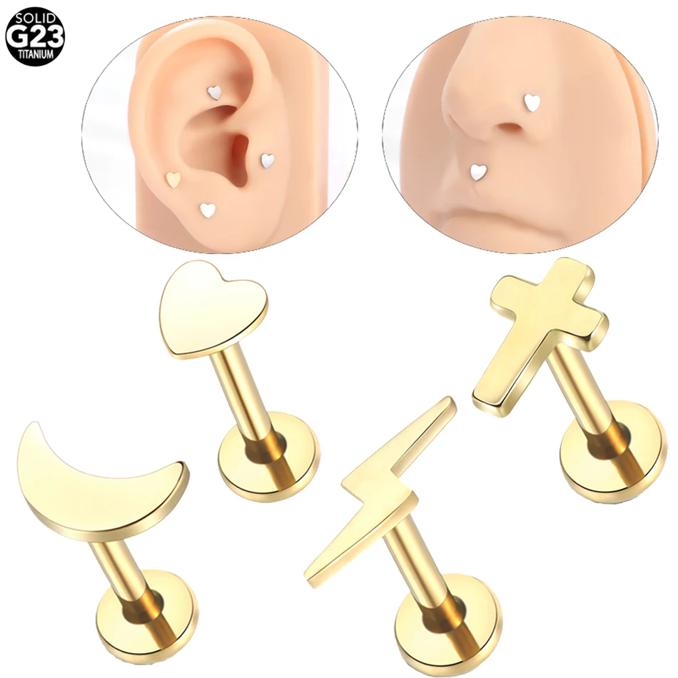 

10Pcs/lot Titanium Ear Tragus Cartilage Piercing Internally Threaded Heart Moon Star Lightning Labret Ring Lip Stud Body Jewelry