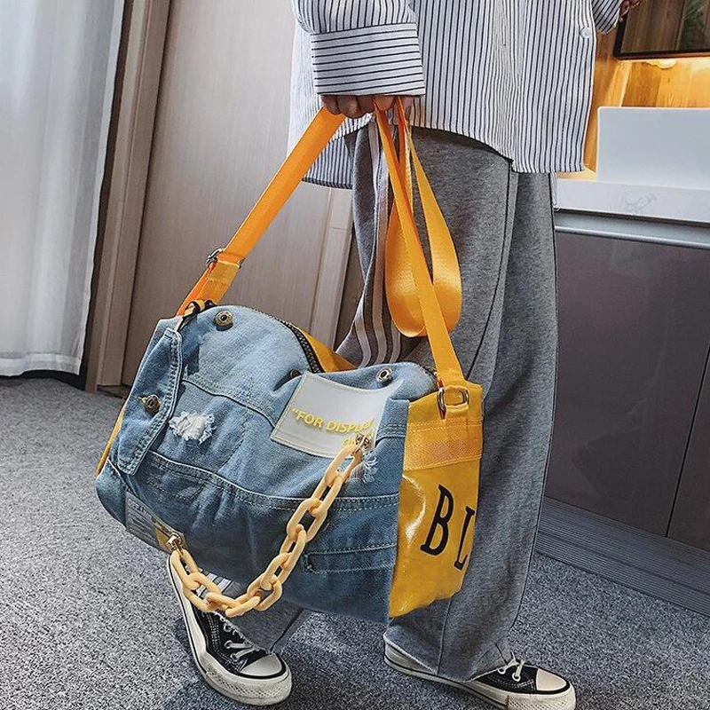 

Модная Дорожная сумка из ткани «Оксфорд» для мужчин и женщин, Женский вместительный дорожный чемодан для ручной клади, Спортивная Лоскутная джинсовая сумка для мужчин и женщин