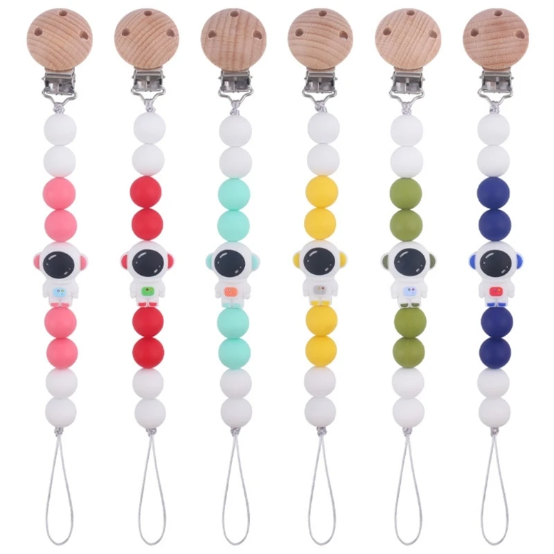 

Cartoon Astronaut Pacifier Holder Wood Clip Teething Chain Nipple Holder Chewable Pendant Accessory