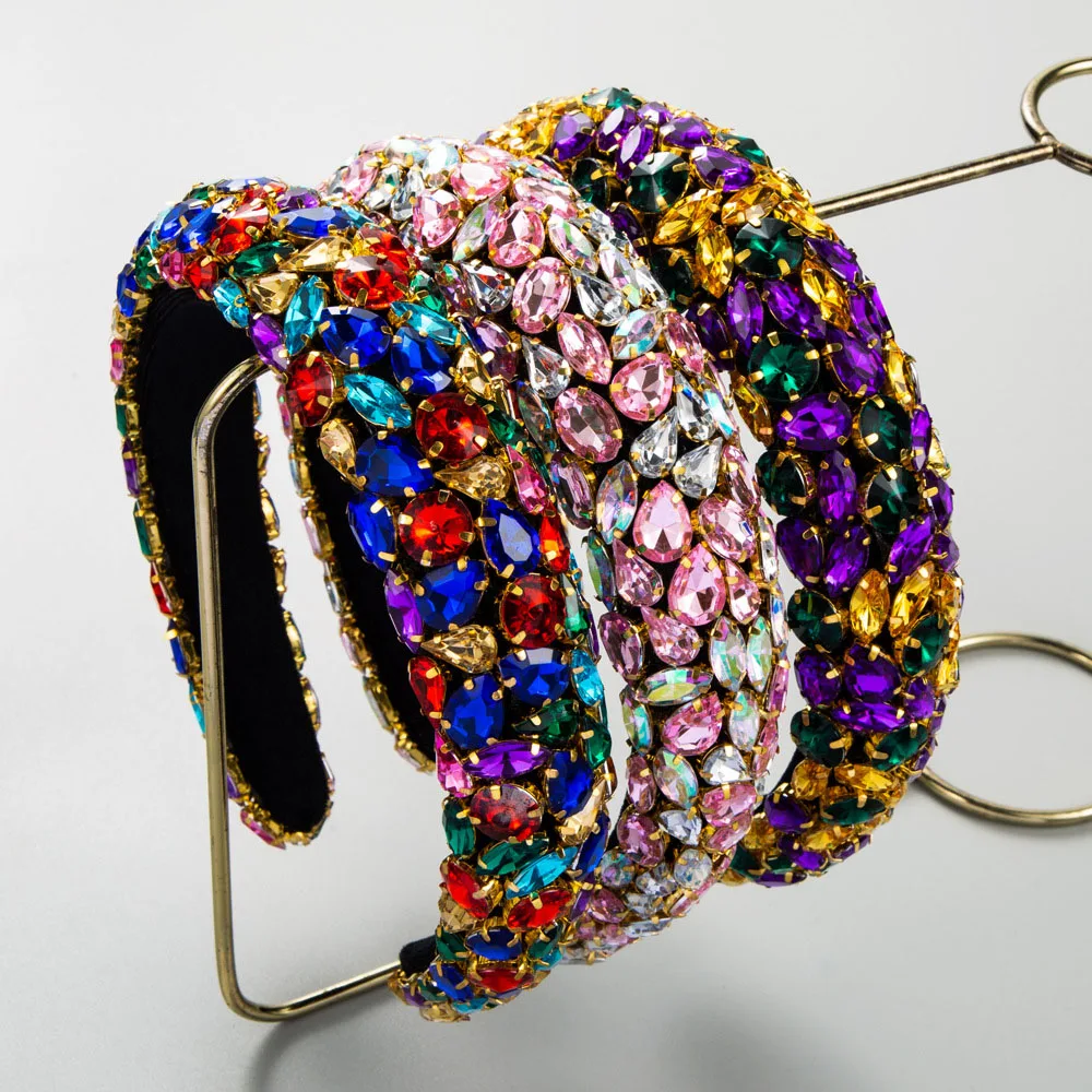 

Handmade Sparkly Luxury Baroque Full Colorful Crystal Padded Headbands Rhinestones Hairbands For Women Wedding Hair Accessor