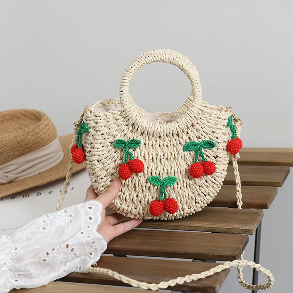 

Strawberry Handmade Woven Bag Fashion Large Capacity Cute Cherry Beach Bag Trendy Casual Handbag Lady