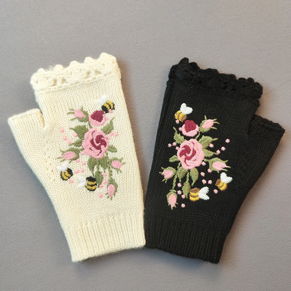 

2024 New High Quality Handmade Embroidery Gloves Autumn Winter Bee Floret Women's Warm Gloves Wool Knitted Fingerless Gloves