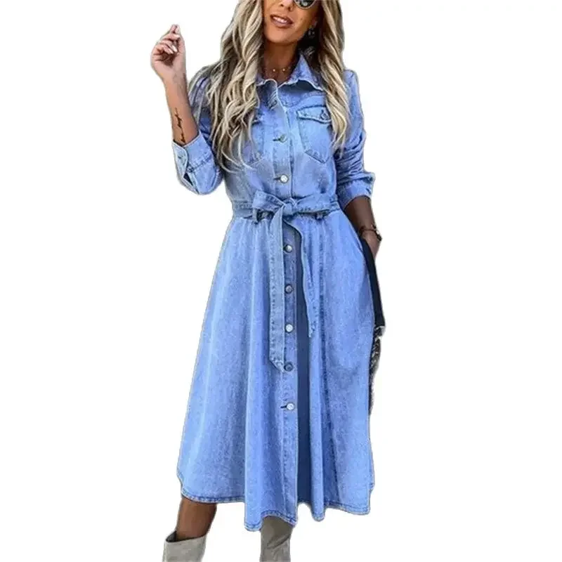 Women High Waist Lace-up Denim Dress Spring Autumn Long Sleeve Single-breasted Cardigan Dresses Female Casual Commuter Gown 2024
Women High Waist Lace-up Denim Dress Spring Autumn Long Sleeve Single-breasted Cardigan Dresses Female Casual Commuter Gown 2024