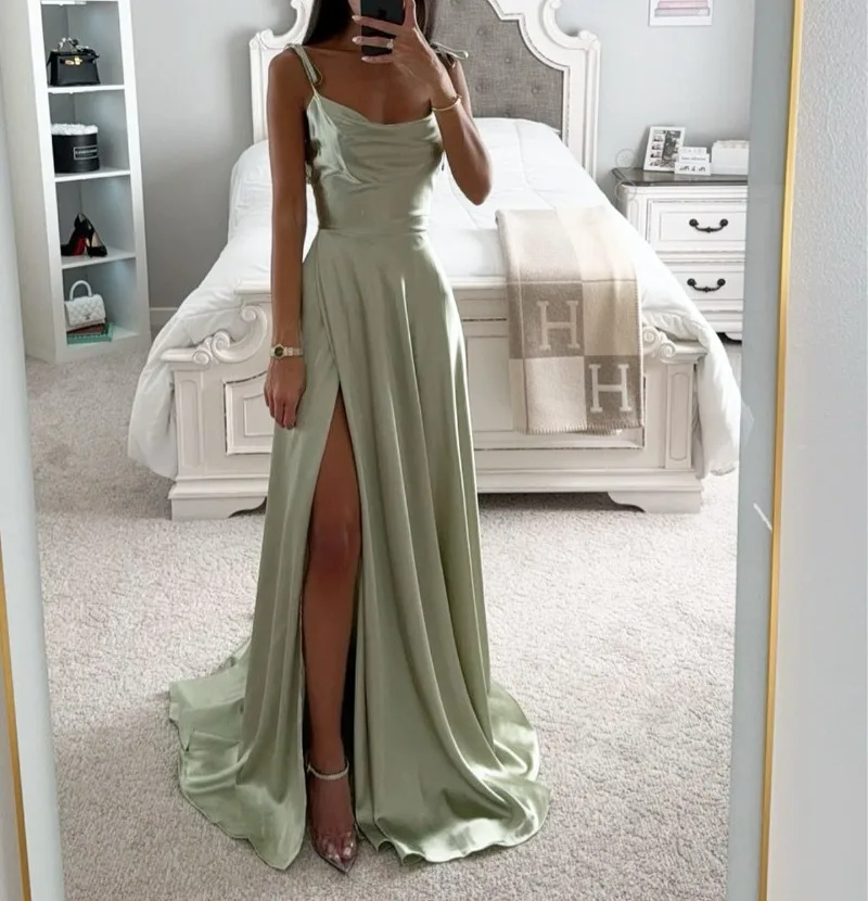 

Women's Spaghetti Straps Silk Prom Dresses with Slit Halter Ruched Aline Formal Evening Gowns Sweet Spring Bridesmaid Dress