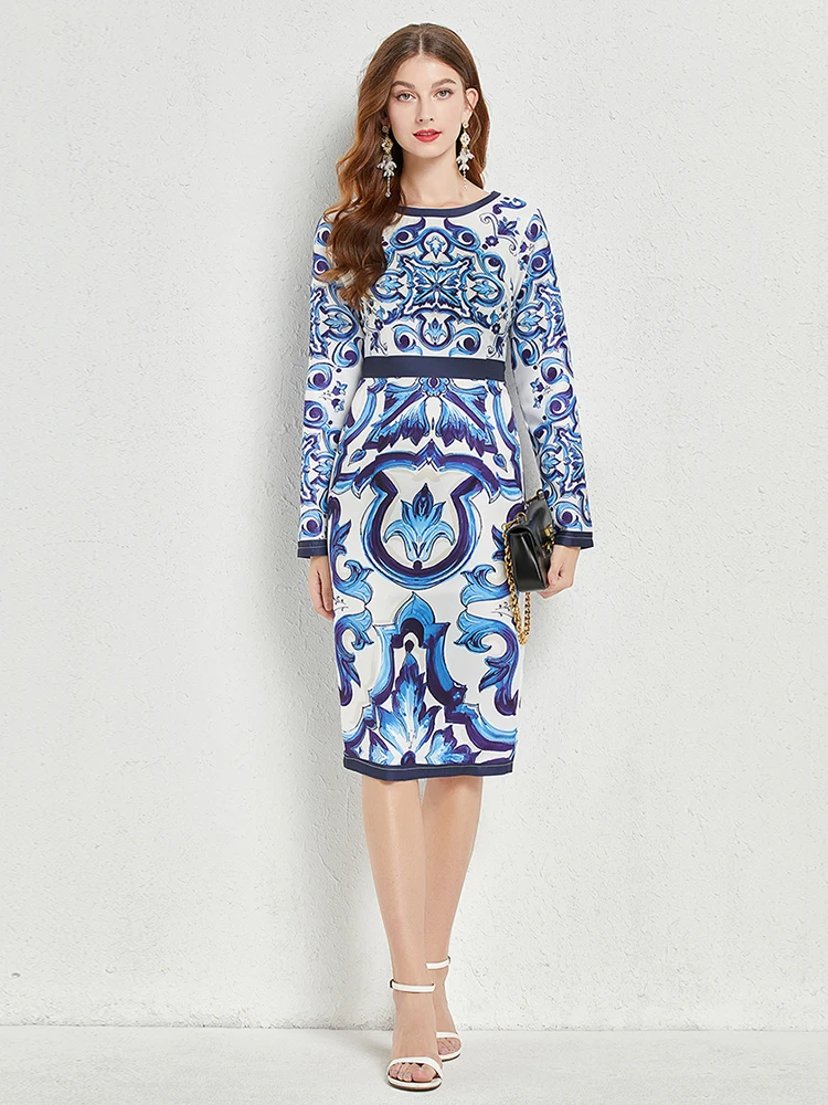 High Quality Women's Silk Dress Mediterranean Blue White Porcelain Print Long Sleeves Midi Dress Vacation Elegant Party dress
High Quality Women's Silk Dress Mediterranean Blue White Porcelain Print Long Sleeves Midi Dress Vacation Elegant Party dress