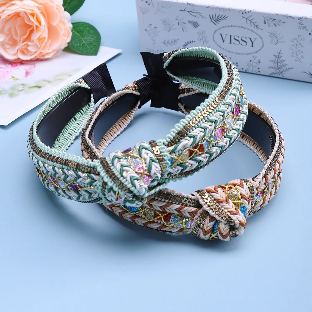 

2024New Fashion Gold thread Braided Women's Hairband Individual Bohemia Headband Center Knot Casual Turban Hair Accessories