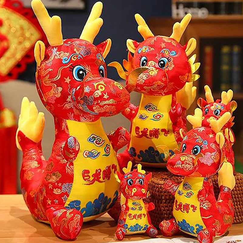 

12/16/22/28cm 2024 Cartoon Zodiac Dragon Year Mascot Red Chinese Dragon Plush Toys Soft Stuffed Animal Doll New Years Decoration