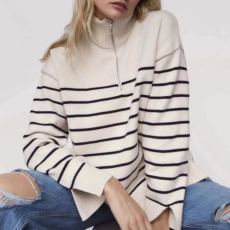 Women Sweater 2023 Fashion Stripe Loose Zipper Thick Knitting Sweaters Jumper Vintage Long Sleeve Asymmetry Female Pullover Tops
Women Sweater 2023 Fashion Stripe Loose Zipper Thick Knitting Sweaters Jumper Vintage Long Sleeve Asymmetry Female Pullover Tops