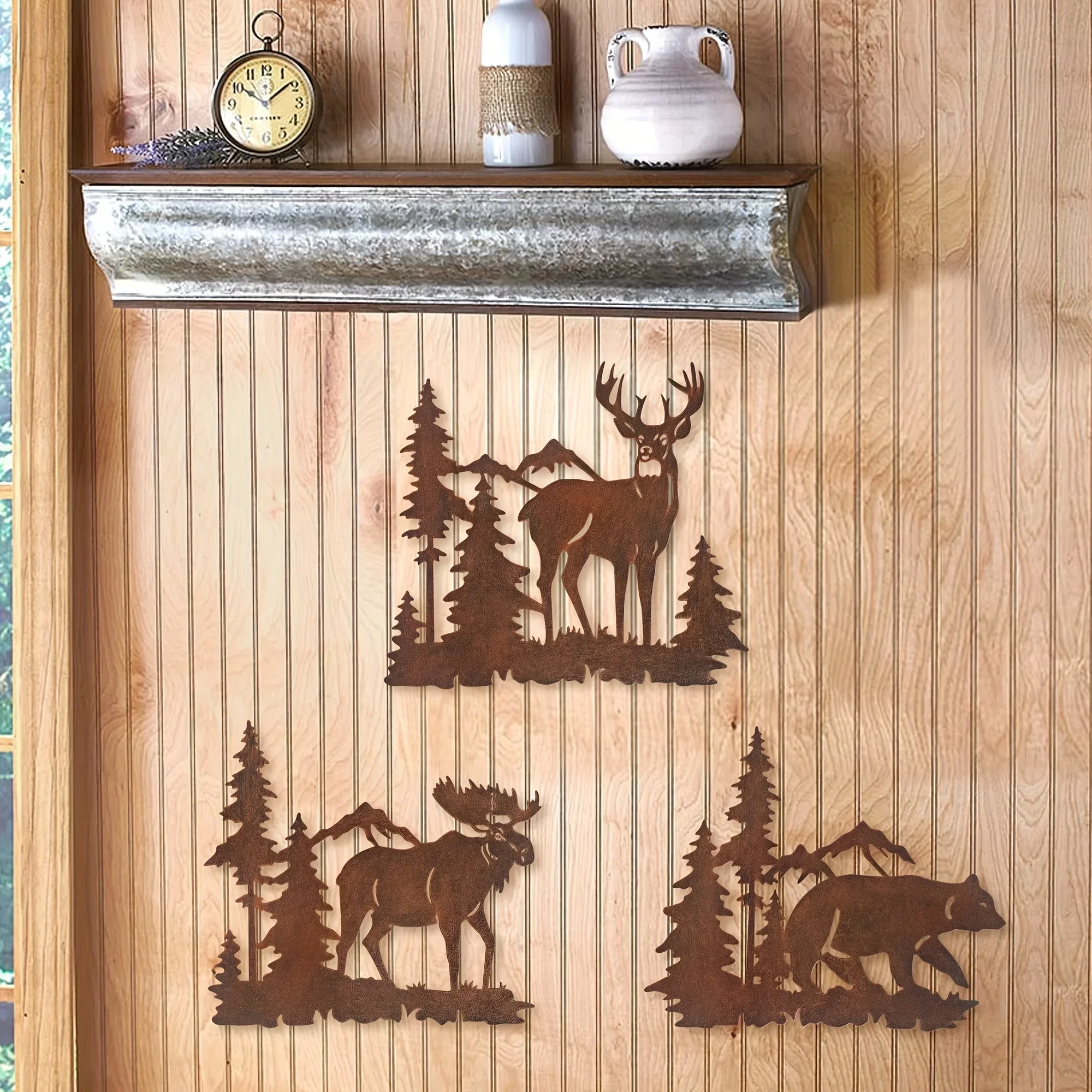 

Promotion 1pc, Metal Wall Hanging Art Decor Deer Bear Moose in The Forest Pine Tree Set of 3 Rustic Concise Decoration Wall Moun