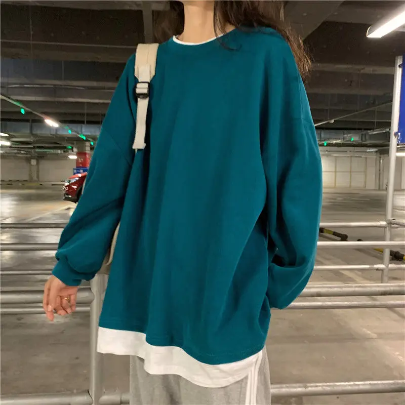 

Fake Two-piece Hoodie Loose BF Harajuku Lazy Style Spring Autumn New Long Sleeve Solid T Shirt Tops Casual Fashion Women Clothes