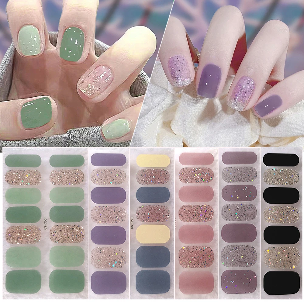 

3D Glitter Foil Self Adhesive Nail Stickers 14PCS Solid Color Manicure Decal No UV LED Lights Required Nail Sticker Set Nail Art