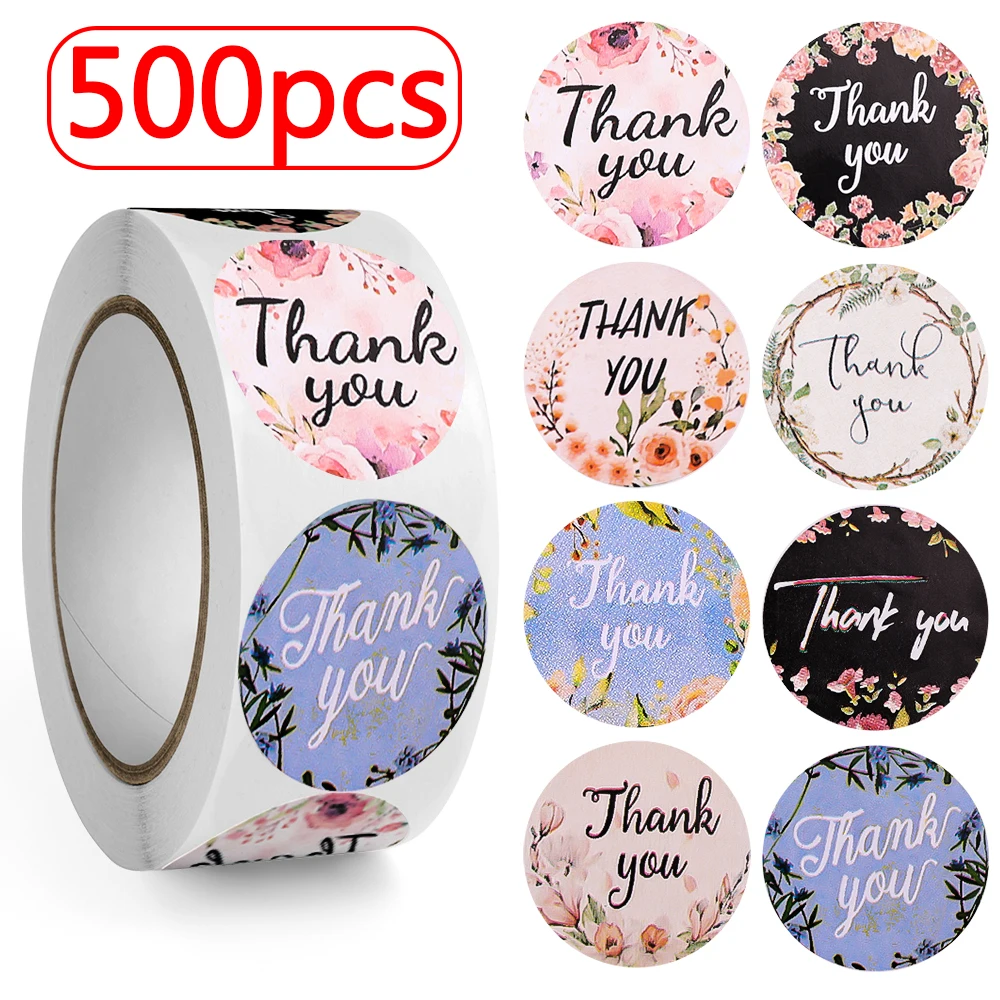 

500pcs Flower "Thank You" Sticker Round Sealing Label for Wedding Gifts Christmas Cards Delicate Packaging Stickers 8 Patterns