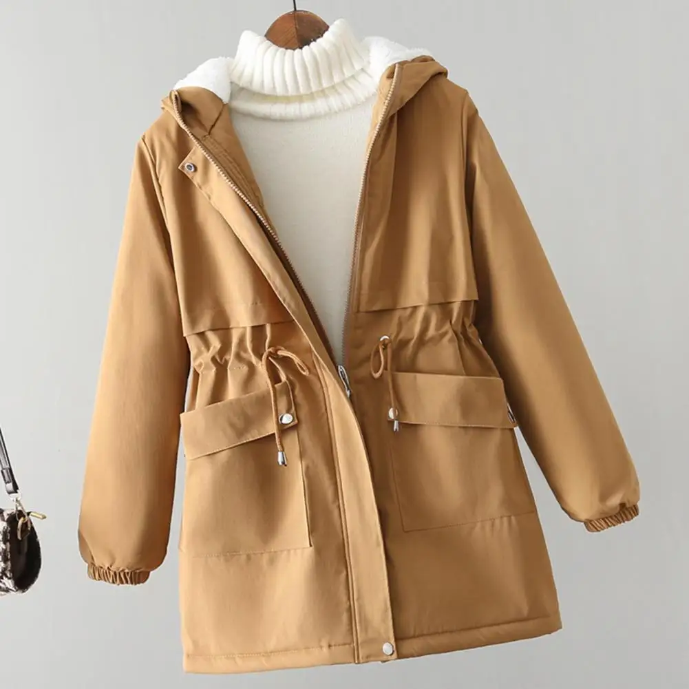

Fall Winter Women Coat Hooded Thick Plush Zipper Closure Long Sleeve Cardigan Loose Mid Length Cozy Lady Jacket Trench Coat 자켓