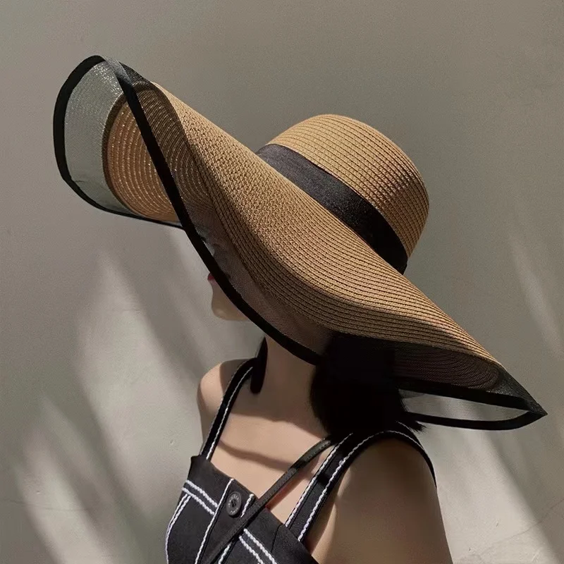

15cm Wide Lace Brim Straw Hat Summer Women Beach Seaside Sunscreen Floppy Sunhat Lady UV Protection Cap